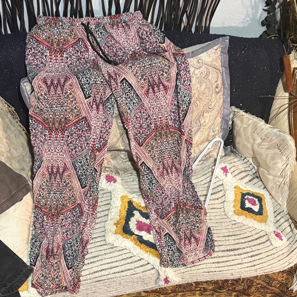 Boho Print Elastic Waist Lounge Pants - Pink & Black